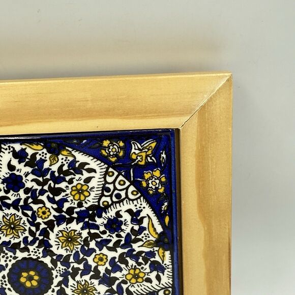 Barbour Ceramics Tile 8x8 square Stand Wood Cobalt Blue and White Yellow Flowers - Picture 16 of 16